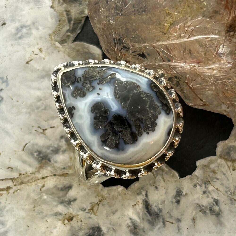 Sterling Silver Southwestern Style Teardrop Parral Dendritic Agate Ring Size 8